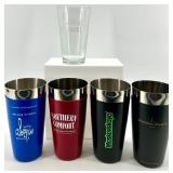 Branded Stainless Steel Tumblers & Tall Etched Glass - 3 sets of each - NIB