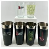 Branded Stainless Steel Tumblers & Tall Etched Glass - 3 sets of each - NIB