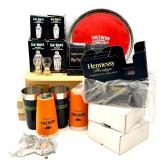 Barware Lot: Co-Rect Deluxe Stainless Steel 3-Piece Cocktail Shaker & Branded Hip Flasks and Other Bar Items