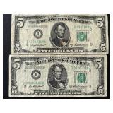 1950 B Green Seal $5 Dollar Federal Reserve Notes