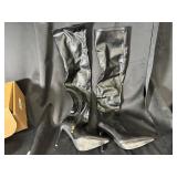 Boots - Knee-High Black Leather-Look Stiletto Heel