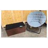Collapsable storage bin, and grey saucer chair with metal frame