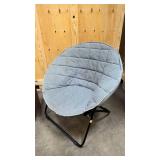 Collapsable storage bin, and grey saucer chair with metal frame