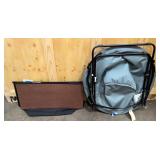 Collapsable storage bin, and grey saucer chair with metal frame