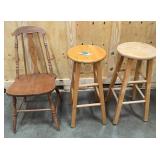 Vintage wooden chair, and two wooden stools