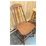 Vintage wooden chair, and two wooden stools
