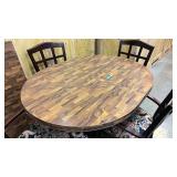 Vintage wood table with metal legs and casters, and 4 solid wood chairs