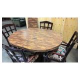 Vintage wood table with metal legs and casters, and 4 solid wood chairs