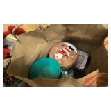 The Xmas tote = tree skirt, misc dcor, xmas tins, xmas candle holders