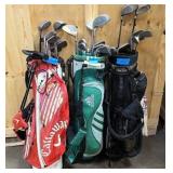three right handed sets of clubs and bags = R5 driver, and misc clubs
