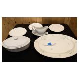 Large ceramic platter, gravy boat with plate, ceramic dish with cover, 3 misc plates
