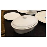 Large ceramic platter, gravy boat with plate, ceramic dish with cover, 3 misc plates