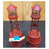 Pair of red metal light towers 12" tall