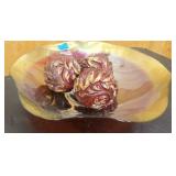 Large decorative glass bowl and 3 wood painted balls