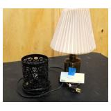 One small lamp with shade, and one small metal lattern