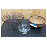 Decorative metal serving basket, decorative glass bowl, and bamboo bowl