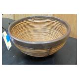 Decorative metal serving basket, decorative glass bowl, and bamboo bowl