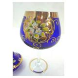 Vintage West Virginia Glass Co. Blendo Cocktail Pitcher Set; Vintage Bohemian/Czech? Cobalt Blue Enamel and Gold Gilt Lidded Chalice