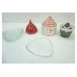 Vintage Indiana Glass Snowflake Snack Pates, Ceramic Canister, Ceramic Hershey Kiss