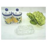 Crystal Butter Dish, Small Ceramic Canisters (2ct), Vintage L.E. Smith Moon and Stars Avocado Green Glass Footed Banana Boat