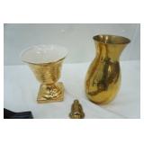 Vintage Brass Wall Shelves, Brass Vase, and Gold Gilt Type Ceramic Vase