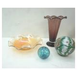 Vintage Fenton Amethyst Purple Ruffled Vase with White Stripes; Vintage Carnival Glass Type Serving Platter/Centerpiece