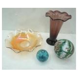 Vintage Fenton Amethyst Purple Ruffled Vase with White Stripes; Vintage Carnival Glass Type Serving Platter/Centerpiece