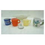 Vintage Frosted Glass Fruit Bowl and Vintage Coffee Cups