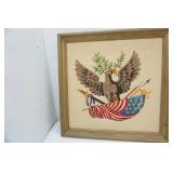 Vintage Framed Patriotic Needlepoint Artwork. American Eagle with Laurels on American Flag