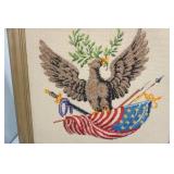 Vintage Framed Patriotic Needlepoint Artwork. American Eagle with Laurels on American Flag