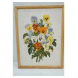 Vintage Framed Crewel Embroidery Piece. Pansies