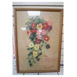 Vintage Crewel Embroidery Floral Design. Framed with glass.