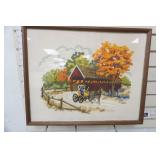 Vintage Crewel Embroidery Autumn Buggy Theme. Famed with glass.