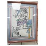 Framed Cross Stitch Carousel Horse. With Glass
