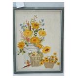 Vintage Framed Crewel Embroidery Floral Design.