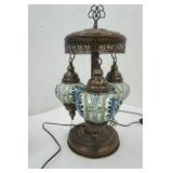Handmade Turkish Mosaic Table Lamp with three globes and an antique bronze finish base