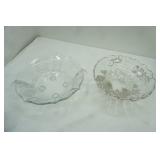 Clear Glass Bowl with Scalloped Silver Rim and Decorative Silver Floral Design; Vintage Fostoria Handled 4-toed glass bowl in the "Baroque" Shape