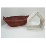Vintage Red Wicker Basket & Wooden Decor Shaped like a House