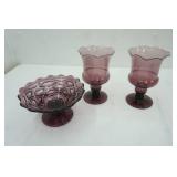 Vintage Viking Glass Amethyst Diamond Compote Bowl; Vintage Morgantown Purple Amethyst Hurricane Candle Holders