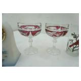 Libbey Red Cardinal Glasses (4ct); Ruby Champagne Glasses; Vintage Fenton hand-painted satin custard glass clock Cardinal Winter Scene