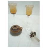 Vintage Studio Art Pottery Oil Lamp; 2ct Hand-blown Amber Glass Wide Goblets
