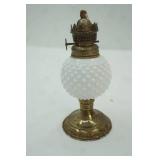 Vintage Miniature Hobnail Milk Glass Oil Lamp with Brass Burner