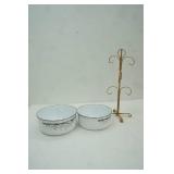 Vintage Enamel Nesting Bowls & Metal Cup Stand