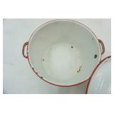 Vintage Enamelware Pot and Lid. Red and White