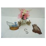 Vintage Owl Wall Hanging, Ceramic Bunnies, Hand-Painted Coffee Cup Flower Arrangement and More