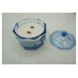 Vintage Indiana Glass Concord Blue Octagonal Lidded Candy Dish Candle: 6" tall by 5.25" tall
