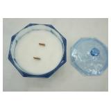 Vintage Indiana Glass Concord Blue Octagonal Lidded Candy Dish Candle: 6" tall by 5.25" tall