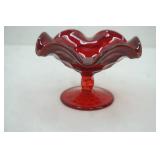 Vintage Fenton Ruby Red Glass Ruffled Thumbprint Pattern Candy Dish Compote