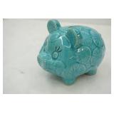 Glazed Ceramic Turquoise Blue Piggy Bank with a Floral Design (no stopper)