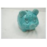 Glazed Ceramic Turquoise Blue Piggy Bank with a Floral Design (no stopper)